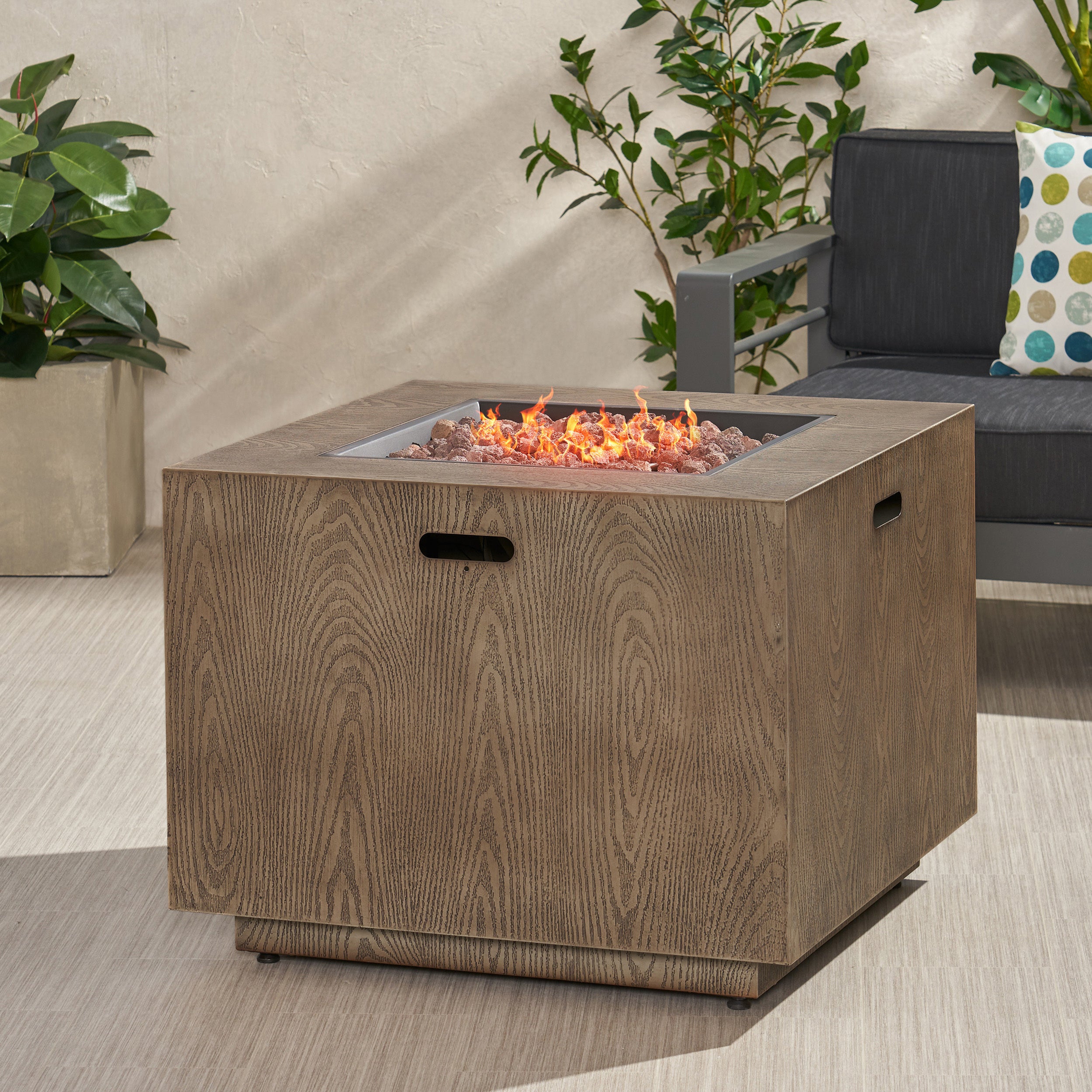 Outdoor Patio Gas Burning Fire Pit - 50, 000 BTU Tank Inside, Square, Iron Wood Pattern, Brown